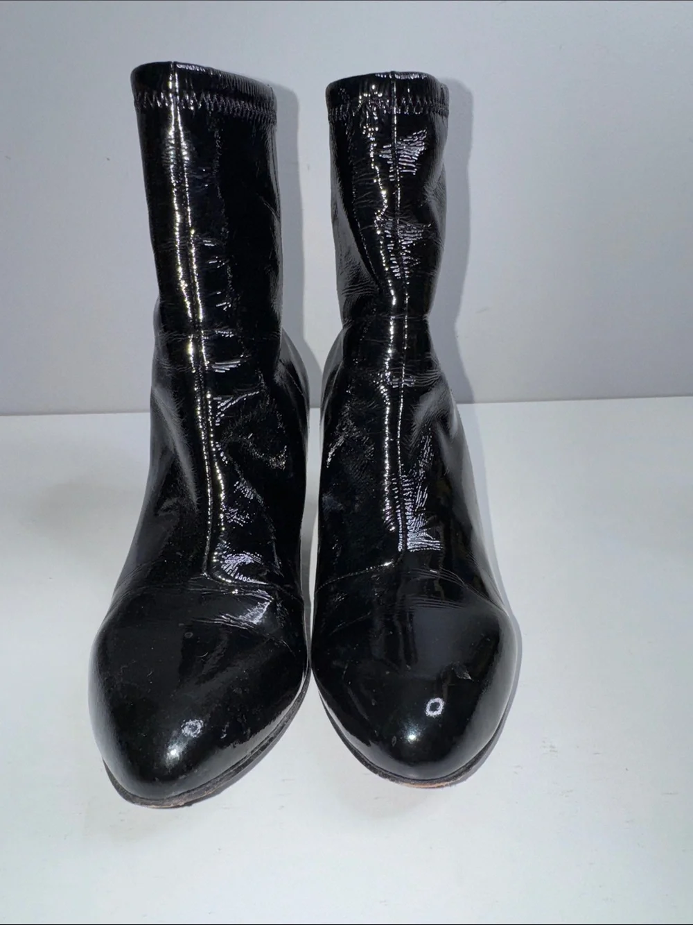 Opening Ceremony Black Patent Leather Ankle Boots with Silver Block Heels